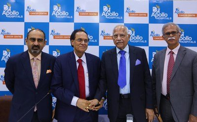 Dr. Prathap Reddy, Chairman, Apollo Hospitals Group (Second from Right), with Dr. Dattatreyudu Nori (Third from right) at the press conference announcing Dr. Nori’s appointment as International Director, Apollo Cancer Centers, Apollo Hospitals Group, in New Delhi, on Monday